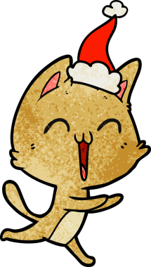 Mutlu el çizimi, miyavlayan bir kedinin insan tarafından çizilmiş Noel Baba şapkası.