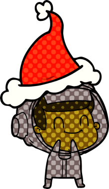 Bir insan tarafından çizilmiş Noel Baba şapkası giyen bir astronotun çizdiği mutlu el çizimi çizgi roman tarzı.