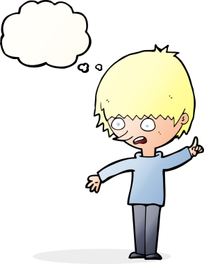 Bir insan tarafından çizilmiş düşünce baloncuğuyla soru soran çizgi film çocuğu.