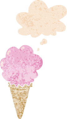 Düşünce baloncuklu çizgi film dondurması grunge sıkıntılı retro desenli bir insan tarafından çizilmiş