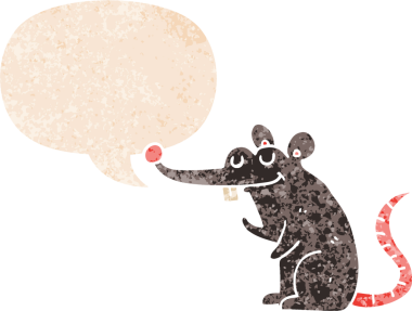 Konuşma baloncuğu olan çizgi film faresi bir insan tarafından çizilmiş dertli retro desenli