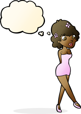 Bir insan tarafından çizilmiş düşünce baloncuğu olan bir elbise giymiş karikatür kadın.