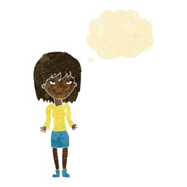 Bir insan tarafından çizilmiş düşünce baloncuğuyla omuz silken çizgi film kadını.