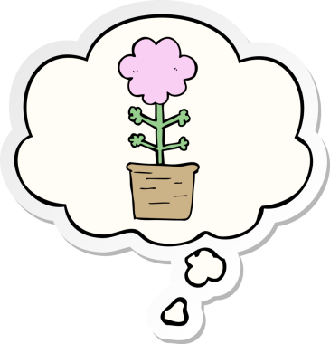 Düşünce baloncuğu olan şirin bir karikatür çiçeği bir insan tarafından çizilmiş çıkartma gibi.