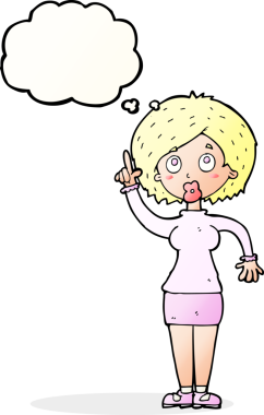 Bir insan tarafından çizilmiş düşünce baloncuğu fikri olan karikatür kadın.