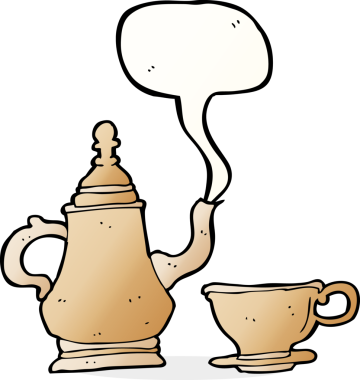 bir insan tarafından çizilmiş konuşma balonlu kahve demliği ve fincan.