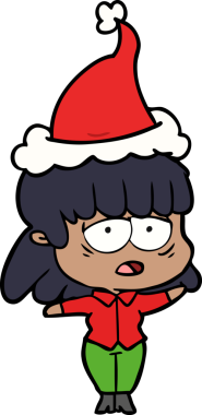 Bir insan tarafından çizilmiş Noel Baba şapkası giyen yorgun bir kadının el çizimi.