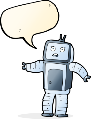 Bir insan tarafından çizilmiş konuşma balonlu komik robot.