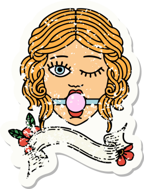 Bir insan tarafından çizilmiş top şakası takan göz kırpan bir kadın yüzü afişi takan eski bir çıkartma.