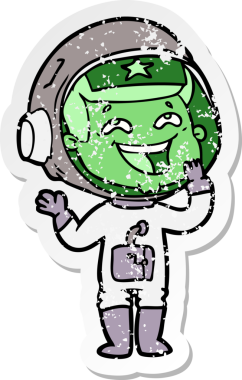 Bir insan tarafından çizilmiş gülen astronot çizgi filminin sıkıntılı çıkartması.