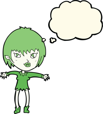 Bir insan tarafından çizilmiş düşünce balonlu vampir kız.