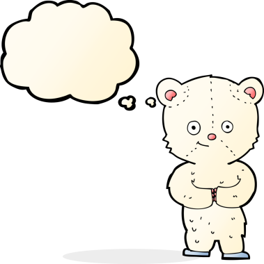 Bir insan tarafından çizilmiş düşünce baloncuklu oyuncak ayı yavrusu.