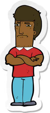 Çizgi film çıkartması. Bir insan tarafından çizilmiş kolları olan rahatsız bir adam.