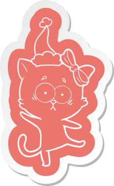 Bir insan tarafından çizilmiş Noel Baba şapkası takan bir kedinin garip karikatür çıkartması.