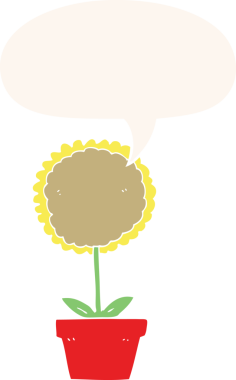 Bir insan tarafından çizilmiş, konuşma baloncuklu sevimli bir karikatür çiçeği.