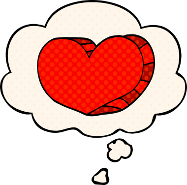 Çizgi roman tarzında bir insan tarafından çizilmiş düşünce baloncuklu karikatür kalbi.
