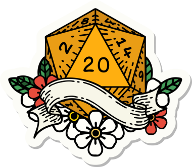 Bir insan tarafından çizilmiş 20 D20 zarının çıkartması.