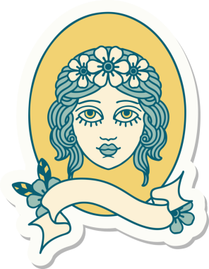 Bir insan tarafından çizilmiş saçlarında çiçekler olan bir bakirenin bayrağıyla dövme stili çıkartması.