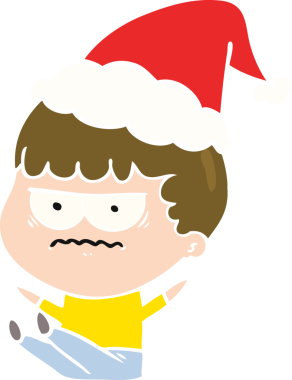 Bir insan tarafından çizilmiş Noel Baba şapkası giyen rahatsız bir adamın düz renkli çizimi.