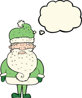 Bir insan tarafından çizilmiş düşünce baloncuklu Noel Baba çizgi filmi.