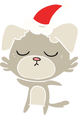 Bir insan tarafından çizilmiş Noel Baba şapkası takan bir köpeğin düz renk çizimi.