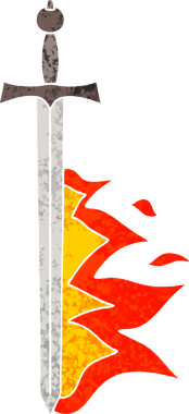 Retro illüstrasyon stili tuhaf çizgi film bir insan tarafından çizilmiş yanan kılıç.