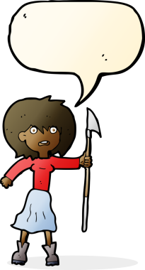 Bir insan tarafından çizilmiş konuşma balonlu zıpkınlı karikatür kadın.