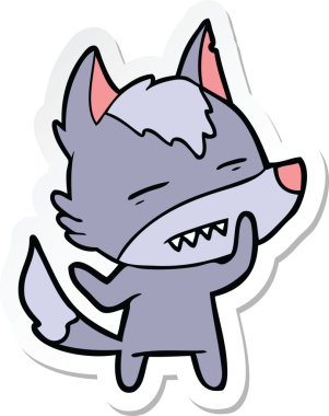 Bir insan tarafından çizilmiş dişleri gösteren bir kurt çizgi film etiketi.