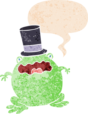 Çizgi film karakurbağası şapkası ve konuşma baloncuğu takıyor grunge 'da sıkıntılı retro desenli bir insan tarafından çizilmiş