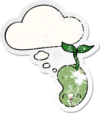 Düşünce baloncuğuyla filizlenen tatlı çizgi film tohumu insan tarafından çizilmiş yıpranmış bir çıkartma gibi.