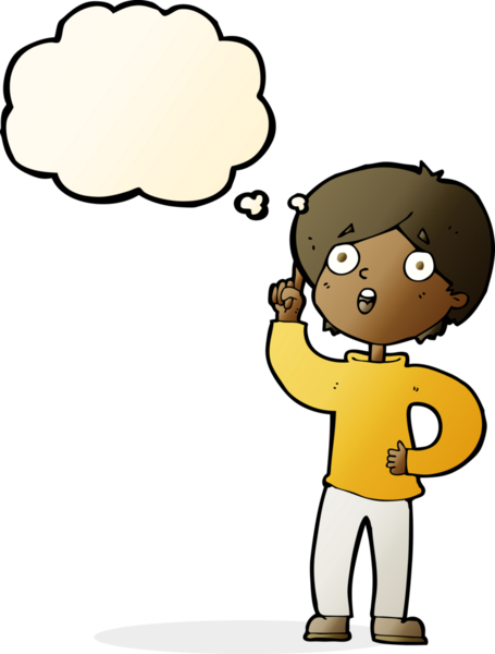 Bir insan tarafından çizilmiş düşünce baloncuğu fikri olan çizgi film çocuğu.