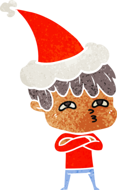 Bir insan tarafından çizilmiş Noel Baba şapkası giyen meraklı bir adamın el çizimi karikatürü.