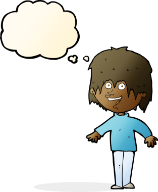 Bir insan tarafından çizilmiş düşünce baloncuğu ile heyecanlı bir adam.