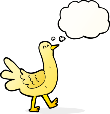 Bir insan tarafından çizilmiş düşünce balonlu yürüyen kuş.