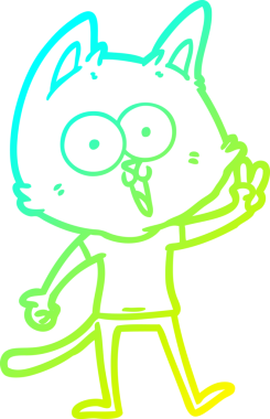 Bir insan tarafından çizilen barış işaretini veren komik bir çizgi film kedisinin soğuk gradyan çizimi