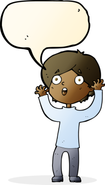 Bir insan tarafından çizilmiş konuşma baloncuğu olan korkmuş bir adam.