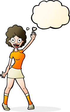 Bir insan tarafından çizilmiş düşünce baloncuğuyla dans eden çizgi film kadını.