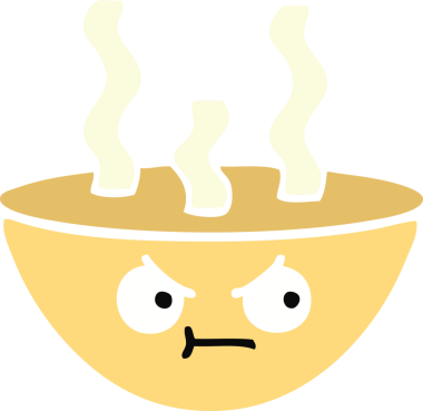 Bir insan tarafından çizilmiş sıcak çorba kasesinin düz renkli retro karikatürü