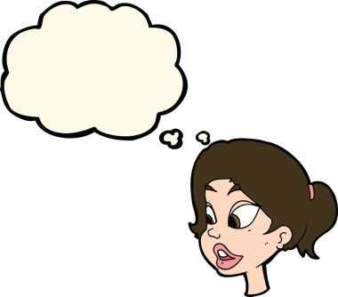 Bir insan tarafından çizilmiş düşünce baloncuğu olan çizgi film dostu kadın.