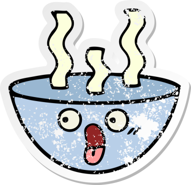 Bir insan tarafından çizilmiş sıcak çorba kasesinin hüzünlü çıkartması.