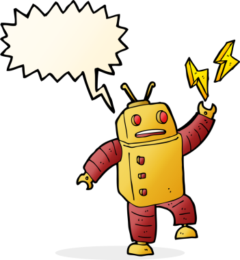 Bir insan tarafından çizilmiş konuşma balonu olan çizgi film robotu.