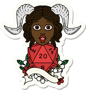 Bir insan tarafından çizilmiş doğal yirmi zarla yapıştırılmış bir etiket.