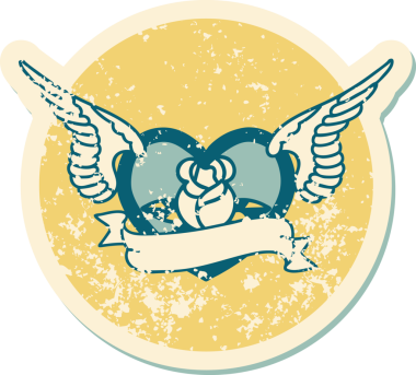 Bir insan tarafından çizilmiş çiçek ve pankartıyla uçan bir kalbin sembolik dövmeli resmi.