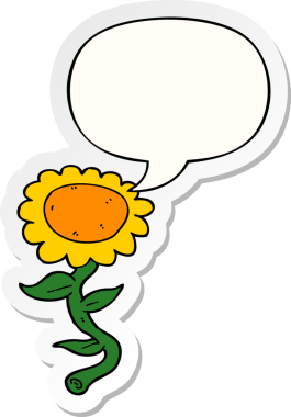 Bir insan tarafından çizilmiş konuşma balonu çıkartmalı ayçiçeği çizgi filmi.