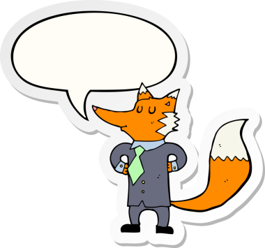 Bir insan tarafından çizilmiş konuşma balonu çıkartması olan tilki çizgi film işadamı.