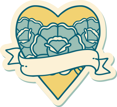 Geleneksel kalp stili dövme çıkartması ve bir insan tarafından çizilmiş çiçekli pankart.