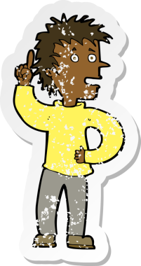 İnsan tarafından çizilmiş bir fikri olan karikatürist bir çocuğun gerilimli retro yapıştırması.