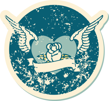 Bir insan tarafından çizilmiş çiçek ve pankartıyla uçan bir kalbin sembolik dövmeli resmi.