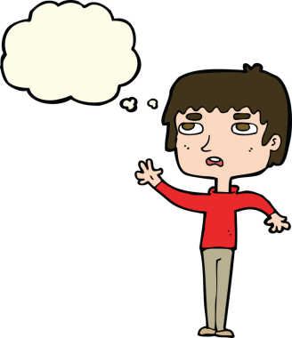 Bir insan tarafından çizilmiş düşünce baloncuğuyla el sallayan mutsuz bir çocuk.