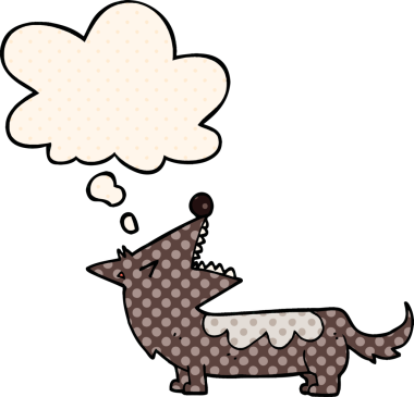 Çizgi roman tarzında bir insan tarafından çizilmiş düşünce balonu olan çizgi film köpeği.